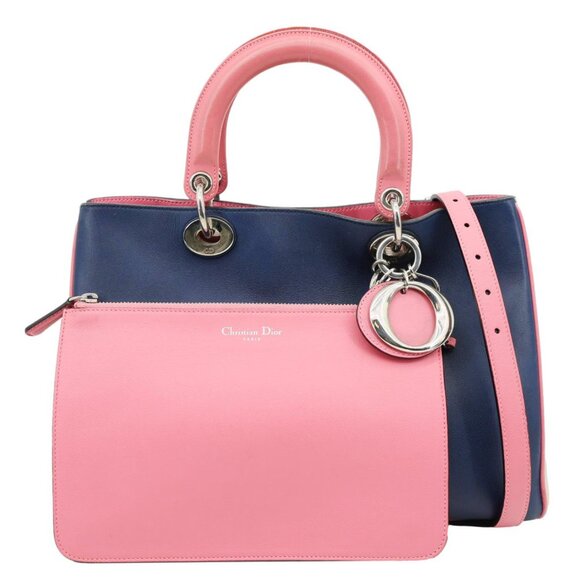Christian DiorDiorissimo Medium Tri Color Calfskin Leather Tote Bag Navy Blue